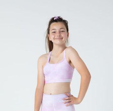 Girls activewear crop top in Purple Mist tie dye pattern, kids sports crop top front view